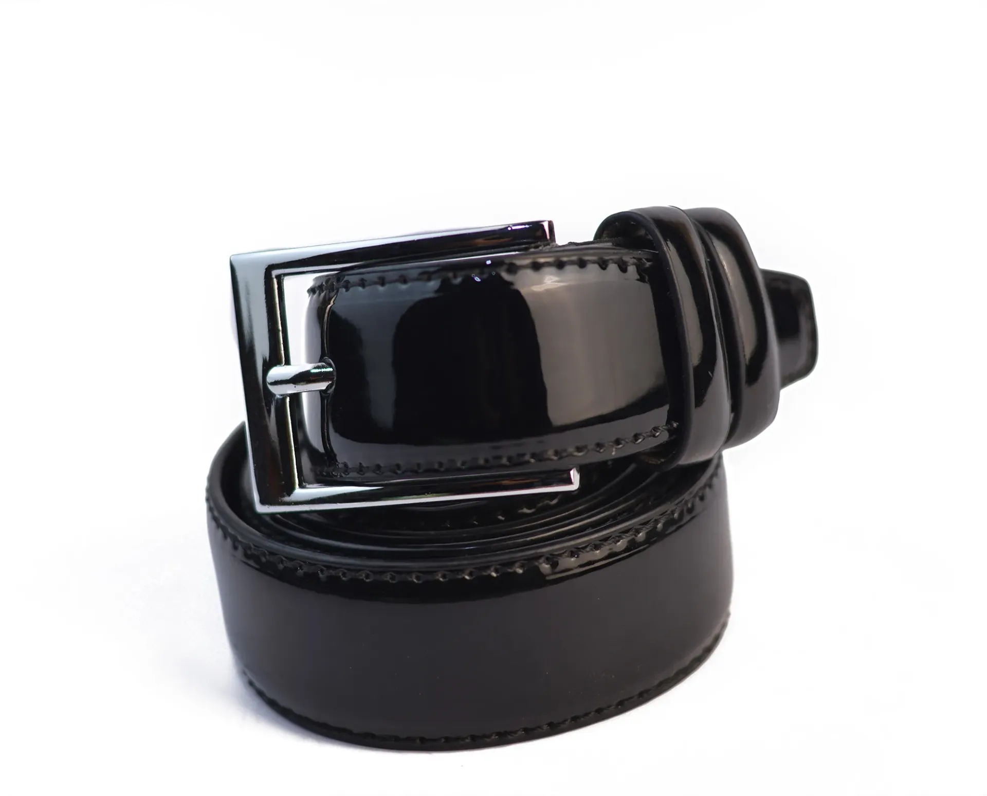 [30020115] Classic glossy leather belt (Black, 115 cm)