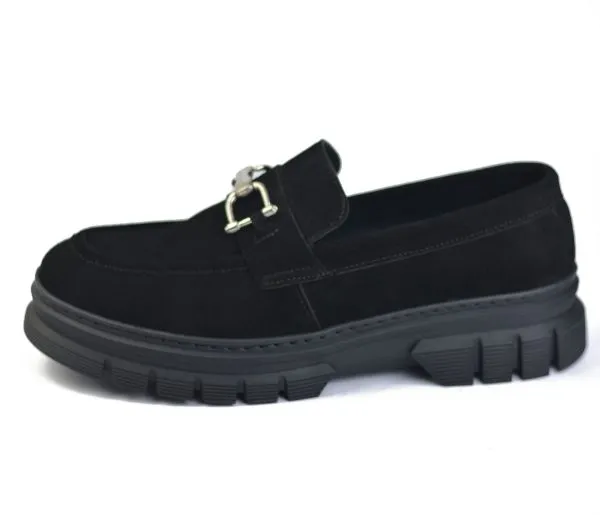 [20630141] Casual shoes made from genuine suede leather with a raised rubber sole (Black, 41)