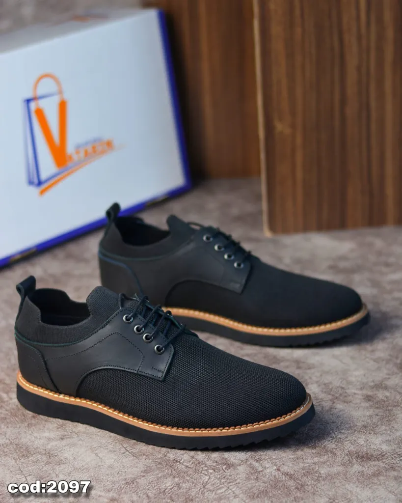 [20970141] Smart casual shoes made of treated knit fabric and leather with a lightweight EVA sole. (Black, 41)