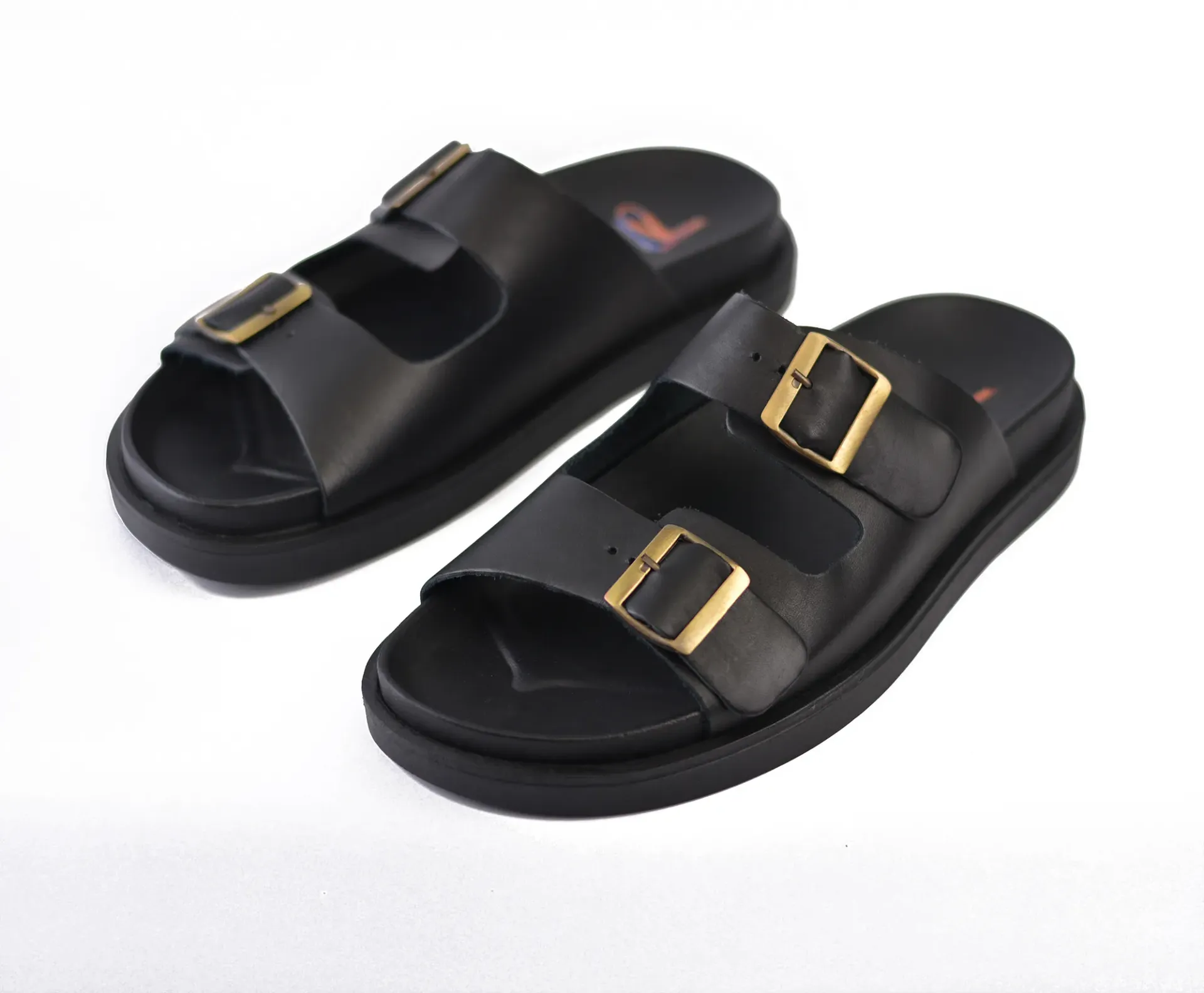 Men's slippers, genuine leather, rubber sole with brass buckle