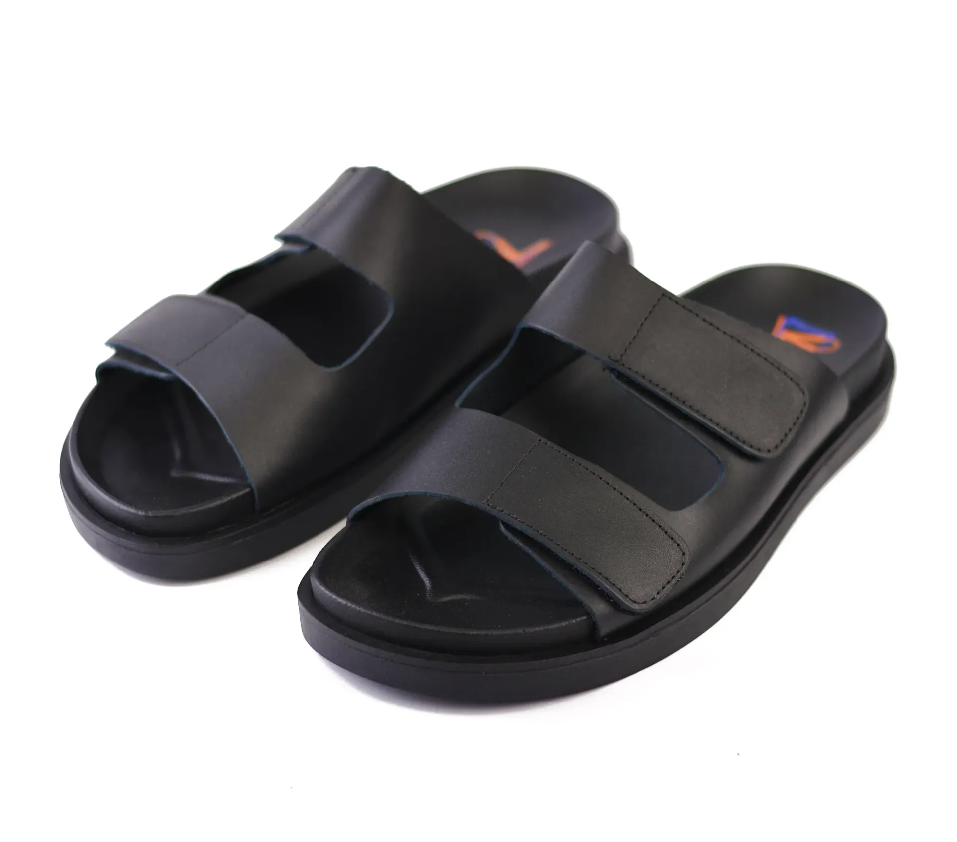 Men's slippers, genuine leather, rubber sole with strong adhesive backing.