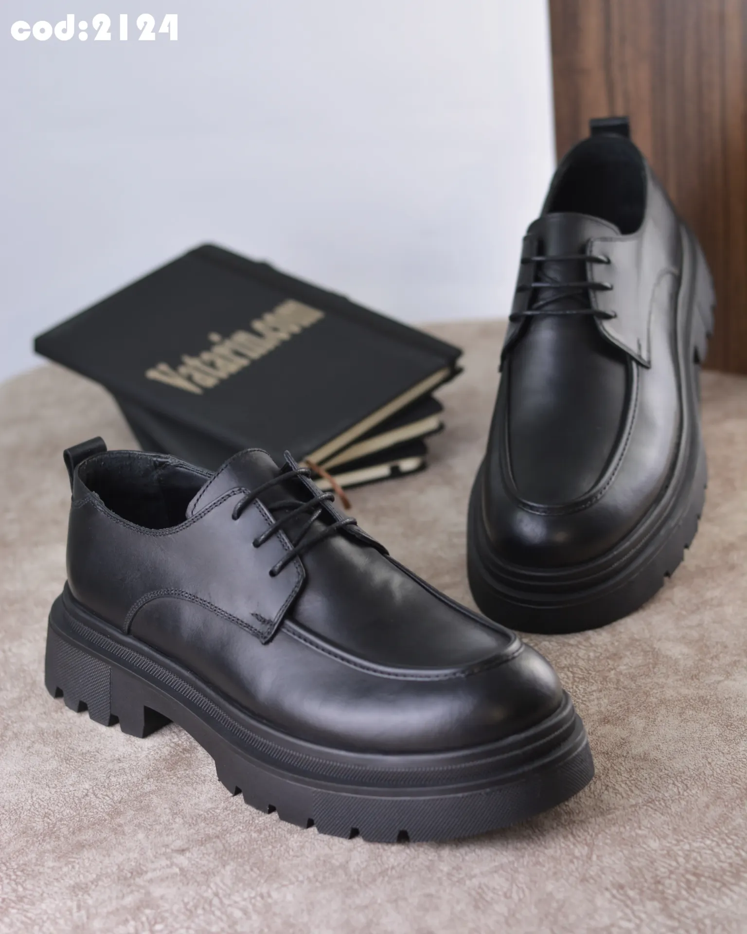 [21240141] Chunky genuine leather lace-up shoes, code 2124 (Black, 41)